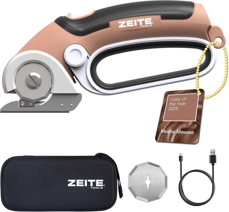 zeite 4V Cordless Electric Scissors Cardboard Cutter with 2 Blades,Storage Case,Rotary Cutter for Box Plastic Carpet Fabric, Easy to Hold and Safe,Mocha - Image 1